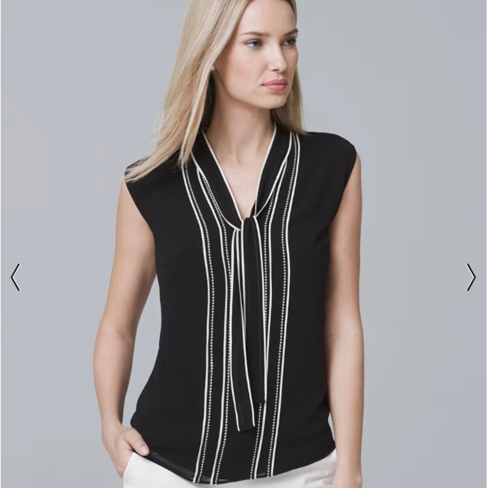 White House Black Market Contrast Piping Black Top Blouse Size 2